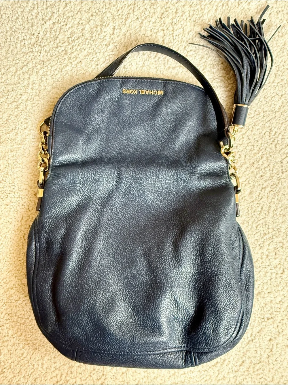 Michael Kors Blue Bedford Tassel Pebbled Leather Shoulder Bag Navy